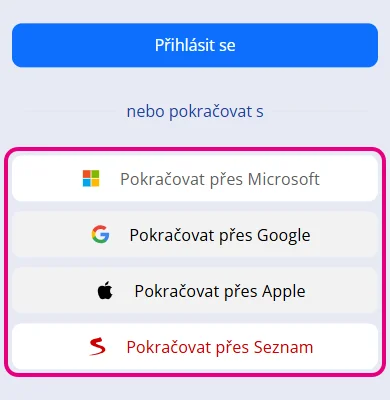 Tlačítka Pokračovat přes Microsoft, Google, Apple a Seznam