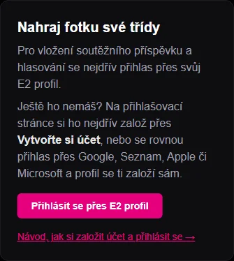 Tlačítko Přihlásit se přes E2 profil na stránce soutěže