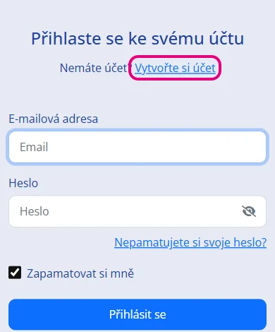 Odkaz Vytvořte si účet na přihlašovací stránce