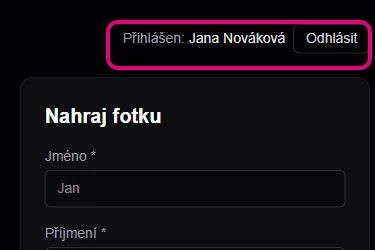 Nápis Přihlášen se jménem a tlačítkem Odhlásit nad formulářem